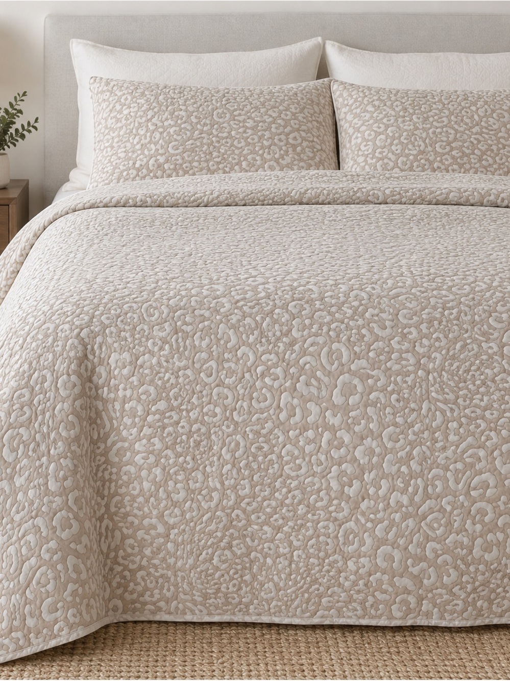 Tahari Home Neutral Leopard Print Quilted Bedspread Beige Ivory